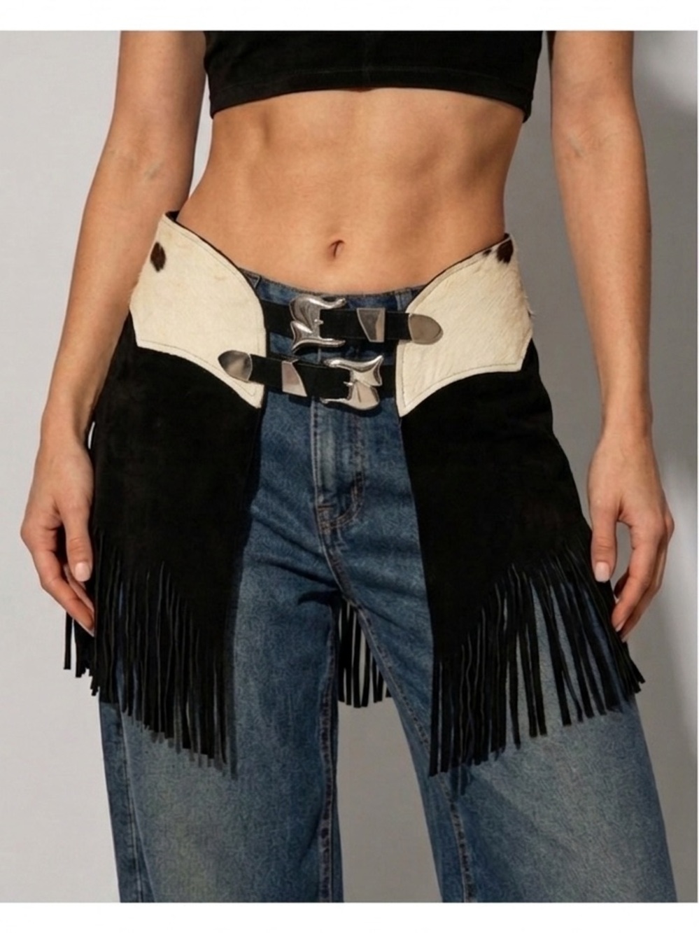 VTG 80s Kathrine Baumann Cowhide Suede Fringe Vest & Chap Skirt Belt Western Set